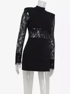 Sheer Lace Patchwork Mini Dress For Women - Bodycon High Neck Padded Shoulder Gown - Spring Night Out Party Clubwear 2026