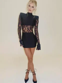 Sheer Lace Patchwork Mini Dress For Women - Bodycon High Neck Padded Shoulder Gown - Spring Night Out Party Clubwear 2026