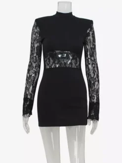 Sheer Lace Patchwork Mini Dress For Women - Bodycon High Neck Padded Shoulder Gown - Spring Night Out Party Clubwear 2026