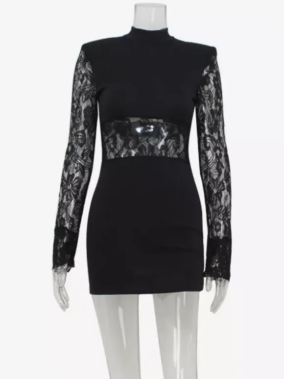 Sheer Lace Patchwork Mini Dress For Women - Bodycon High Neck Padded Shoulder Gown - Spring Night Out Party Clubwear 2026