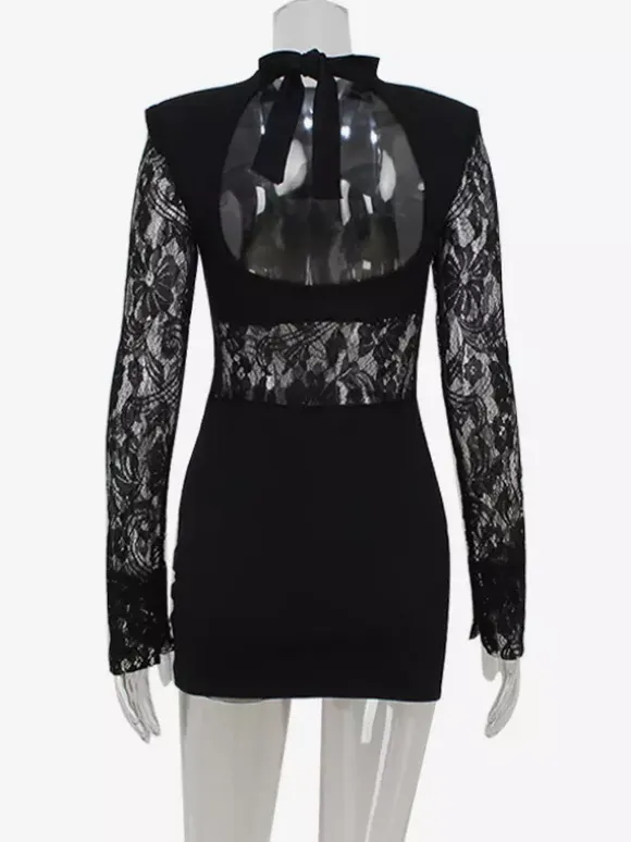 Sheer Lace Patchwork Mini Dress For Women - Bodycon High Neck Padded Shoulder Gown - Spring Night Out Party Clubwear 2026