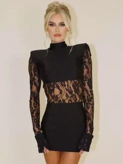 Sheer Lace Patchwork Mini Dress For Women - Bodycon High Neck Padded Shoulder Gown - Spring Night Out Party Clubwear 2026