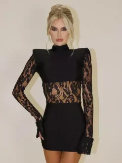 Sheer Lace Patchwork Mini Dress For Women - Bodycon High Neck Padded Shoulder Gown - Spring Night Out Party Clubwear 2026