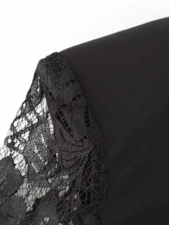 Sheer Lace Patchwork Mini Dress For Women - Bodycon High Neck Padded Shoulder Gown - Spring Night Out Party Clubwear 2026