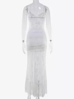 Sheer Lace Ruffle Maxi Slip Dress For Women - White Sexy High-Low Hem Spaghetti Strap Bodycon Gown - Summer Gala Party 2026