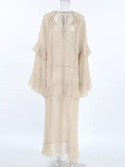 Sheer Chiffon Maxi Dress for Women - Khaki Boho Ruffle Flare Sleeve V Neck Flowy Cover Up - Spring Summer Casual 2026