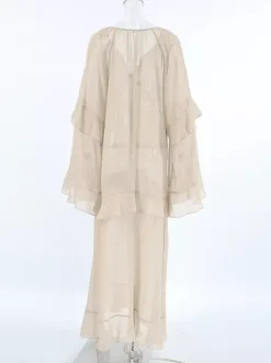 Sheer Chiffon Maxi Dress for Women - Khaki Boho Ruffle Flare Sleeve V Neck Flowy Cover Up - Spring Summer Casual 2026