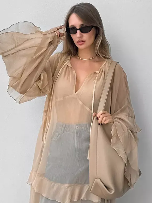 Sheer Chiffon Maxi Dress for Women - Khaki Boho Ruffle Flare Sleeve V Neck Flowy Cover Up - Spring Summer Casual 2026