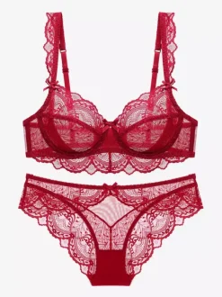 Sheer Floral Lace Underwire Bra Thong Lingerie Set