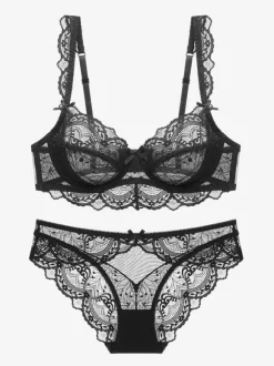 Sheer Floral Lace Underwire Bra Thong Lingerie Set