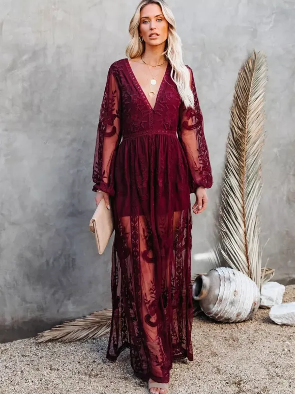 Sheer Lace Maxi Dress for Women - Boho V Neck Mesh Lantern Sleeve Split Gown - Summer Beach Wedding 2026