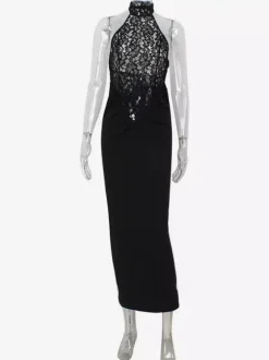 Sheer Lace Patchwork Halter Maxi Dress For Women - Black Sexy Backless Mermaid Bodycon - Summer Formal Evening Gown 2026