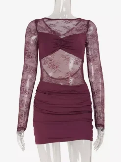 Sheer Lace Ruched Mini Dress For Women - Sexy Cut Out Open Back Bodycon Gown - Summer Night Out Club Party 2026