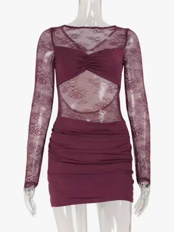 Sheer Lace Ruched Mini Dress For Women - Sexy Cut Out Open Back Bodycon Gown - Summer Night Out Club Party 2026
