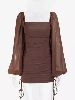 Sheer Lantern Sleeve Square Neck Ruched Bodycon Mini Dress For Women 2026