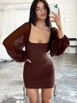 Sheer Lantern Sleeve Square Neck Ruched Bodycon Mini Dress For Women 2026
