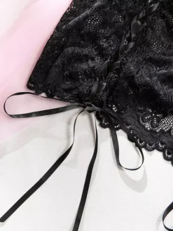 Sheer Lingerie Lace Up Floral Print Black 3-Piece Bra Panty Sets