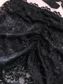 Sheer Lingerie Lace Up Floral Print Black 3-Piece Bra Panty Sets