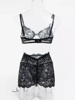 Sheer Lingerie Lace Up Floral Print Black 3-Piece Bra Panty Sets