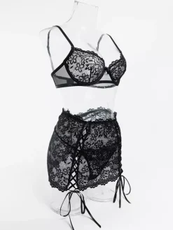 Sheer Lingerie Lace Up Floral Print Black 3-Piece Bra Panty Sets