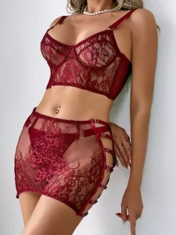 Sheer Lingerie Lace Up Floral Print Burgundy 3-Piece Bra Panty Sets