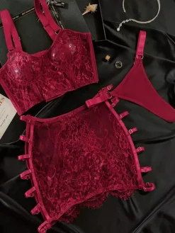 Sheer Lingerie Lace Up Floral Print Burgundy 3-Piece Bra Panty Sets