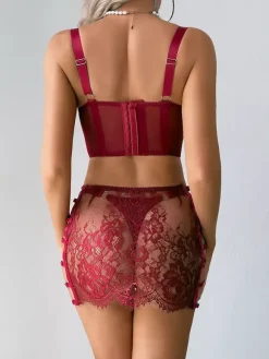 Sheer Lingerie Lace Up Floral Print Burgundy 3-Piece Bra Panty Sets