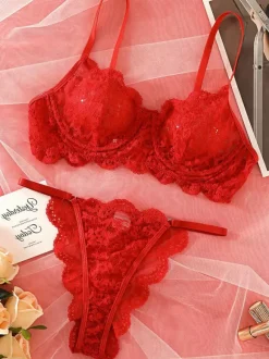Sheer Lingerie See Through Lace Up Yellow Lace 2-Piece Bra Panty Sets