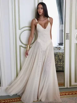 Sheer Maxi Dress For Women - Sexy V-neck Mesh Patchwork Bodysuit Flowy Gown - Summer Beach Club 2026