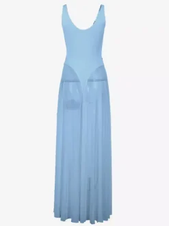 Sheer Maxi Dress For Women - Sexy V-neck Mesh Patchwork Bodysuit Flowy Gown - Summer Beach Club 2026