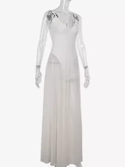 Sheer Maxi Dress For Women - Sexy V-neck Mesh Patchwork Bodysuit Flowy Gown - Summer Beach Club 2026