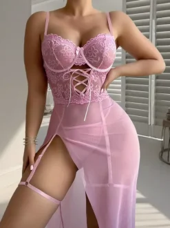 Sheer Mesh Lace High Slit Maxi Babydoll Lingerie With Garter Belts
