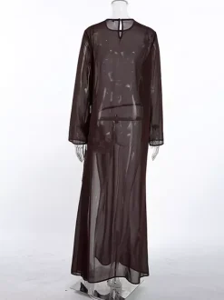 Sheer Mesh Long Sleeve Side Tie Slit Maxi Dress Cover-up For Women 2026