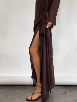 Sheer Mesh Long Sleeve Side Tie Slit Maxi Dress Cover-up For Women 2026