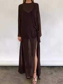 Sheer Mesh Long Sleeve Side Tie Slit Maxi Dress Cover-up For Women 2026