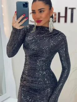 Shimmery Sequin Ruched Maxi Dress For Women - Black Boat Neck Long Sleeve Bodycon Gown - Spring Gala Party 2026