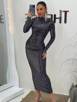 Shimmery Sequin Ruched Maxi Dress For Women - Black Boat Neck Long Sleeve Bodycon Gown - Spring Gala Party 2026