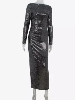 Shimmery Sequin Ruched Maxi Dress For Women - Black Boat Neck Long Sleeve Bodycon Gown - Spring Gala Party 2026