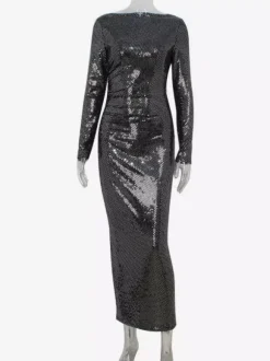 Shimmery Sequin Ruched Maxi Dress For Women - Black Boat Neck Long Sleeve Bodycon Gown - Spring Gala Party 2026