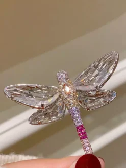 Shiny Transparent Wing Dragonfly Brooch Multi Tone Pink Rhinestone Suit Pin