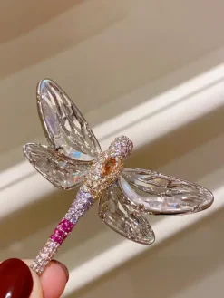 Shiny Transparent Wing Dragonfly Brooch Multi Tone Pink Rhinestone Suit Pin