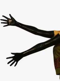 Shiny Metallic Black Shoulder Length Gloves