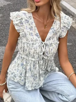 Shirt For Women Blue V-Neck Casual Lace Up Sleeveless Tops