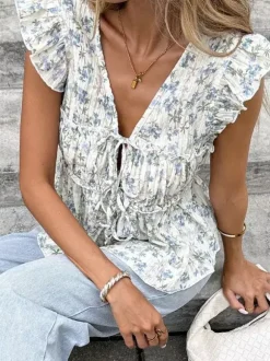 Shirt For Women Blue V-Neck Casual Lace Up Sleeveless Tops
