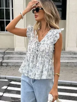 Shirt For Women Blue V-Neck Casual Lace Up Sleeveless Tops