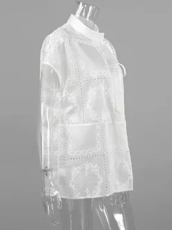Shirt For Women White Lace Up Stand Collar Casual 3/4 Length Sleeves Tops