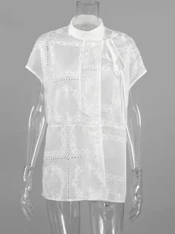 Shirt For Women White Lace Up Stand Collar Casual 3/4 Length Sleeves Tops