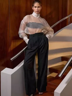 Shirt For Women White Stand Collar Clothes Chic Buttons Long Sleeves Tops