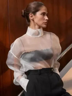Shirt For Women White Stand Collar Clothes Chic Buttons Long Sleeves Tops