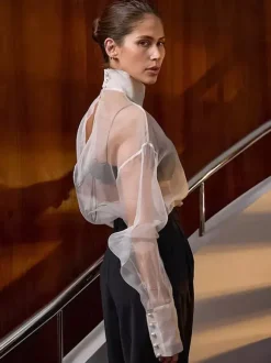 Shirt For Women White Stand Collar Clothes Chic Buttons Long Sleeves Tops
